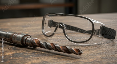 Safety glasses and rusty drill bit
