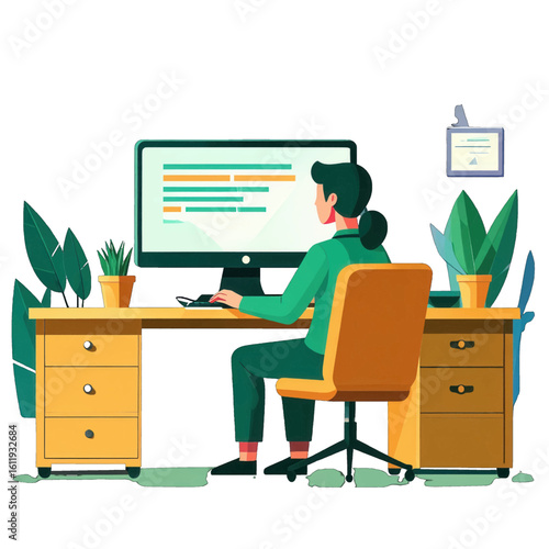 Woman working at a desk with a computer wearing green clothes.