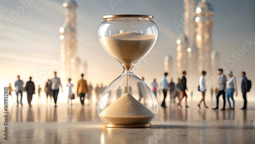 An hourglass with sand flowing, people walk in the background