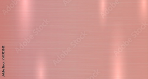 Polished rose gold metallic background. Brushed pink aluminum texture. Shiny metal striped surface with glowing effect for modern industrial design