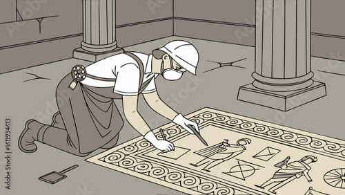 Archaeologist carefully excavating ancient mosaic floor in historical site with tools and protective gear