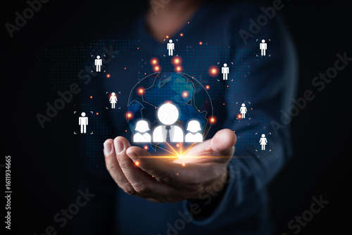 Cuadro en lienzo person presents a glowing digital network of global icons symbolizing customer and relationship management, showcasing interconnected user profiles and data sharing in a virtual business environment
