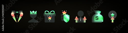 Success and achievement icons. Realistic glassmorphism UI icons set. Vector collection of glassmorphism gradient elements for your design
