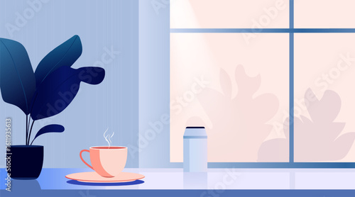 A room with a wide window, a glass, a cup and a thermos.