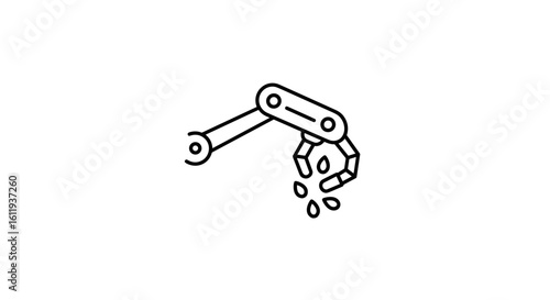 Industrial robotic arm dropping water in minimal line art style  