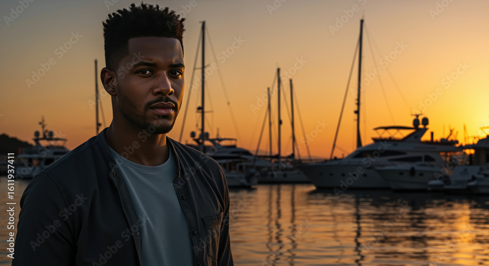 Fototapeta premium Man with short hair in navy shirt by marina during sunset. Evening lifestyle portrait for barbershop advertising, hair care products, styling services