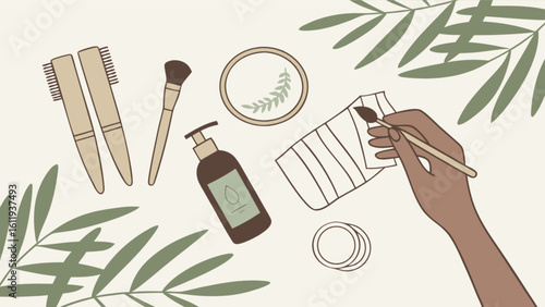 Natural skincare and makeup products flat lay for beauty blog or eco friendly cosmetic brand promotion