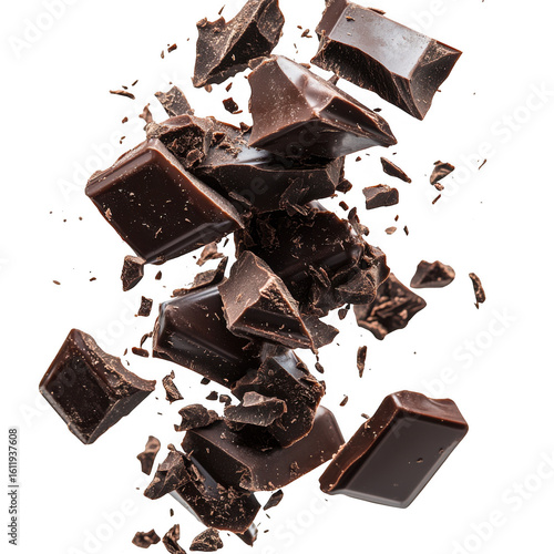 Dark chocolate pieces isolated on transparent background
