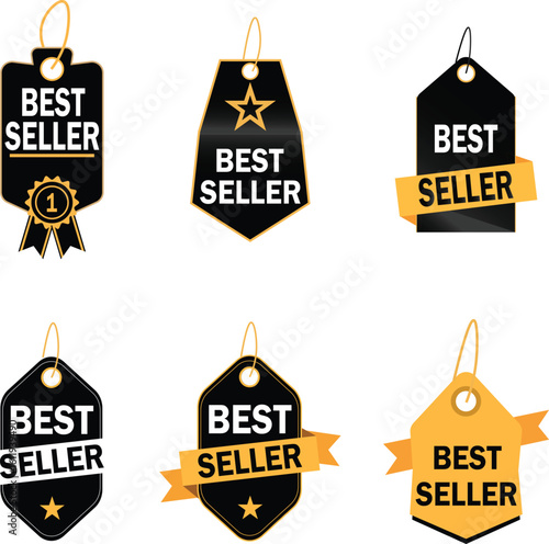 A collection of best seller tags in black and gold colors with different shapes and designs isolated