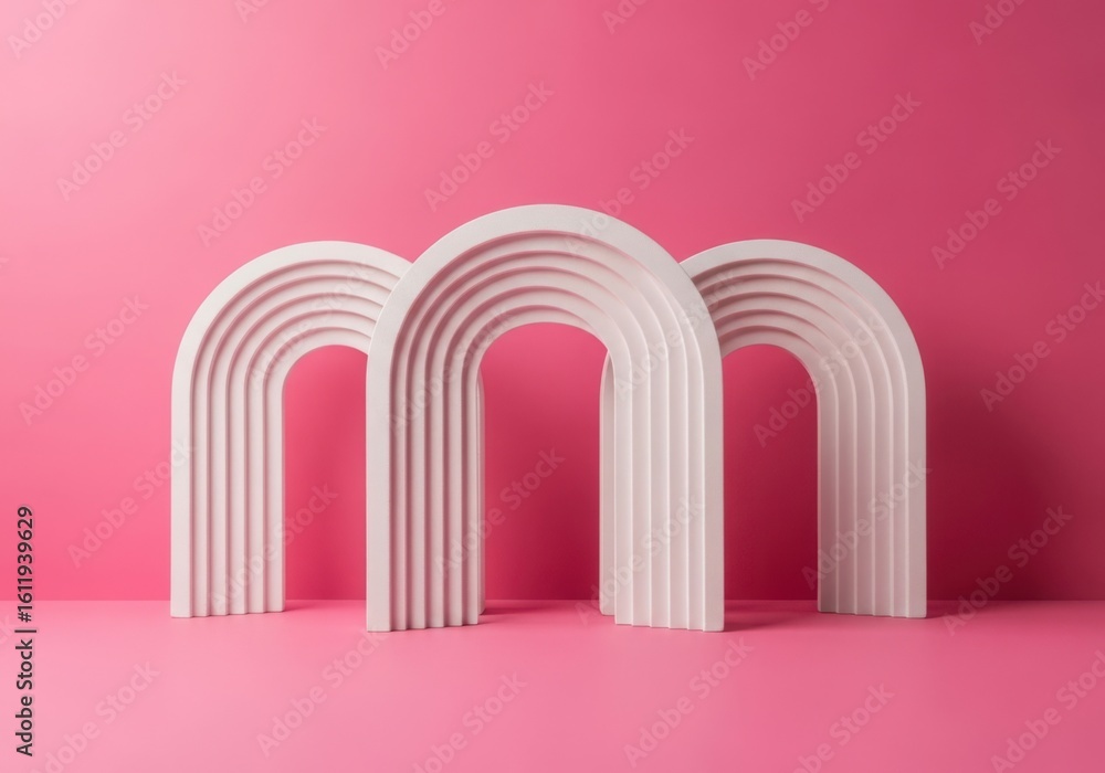 Fototapeta premium Three white geometric arches arranged against a pink background
