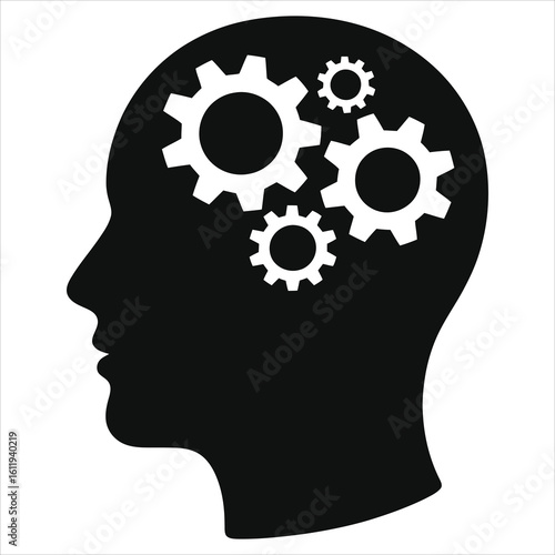 Mind gears icon: black head silhouette with white cogs, symbolizing thought, intelligence, problem-solving, and mental process.