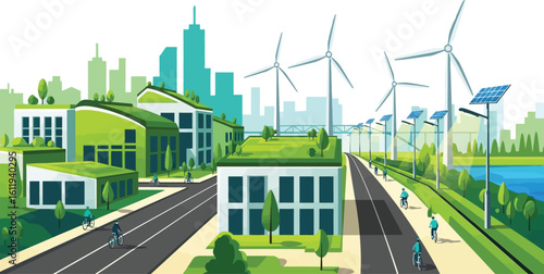 Green energy city with windmills and solar panels for sustainable future