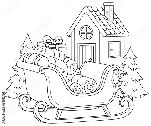 Christmas Sleigh Filled with Gifts in Front of Cozy Winter House with Snowy Trees for Coloring Page