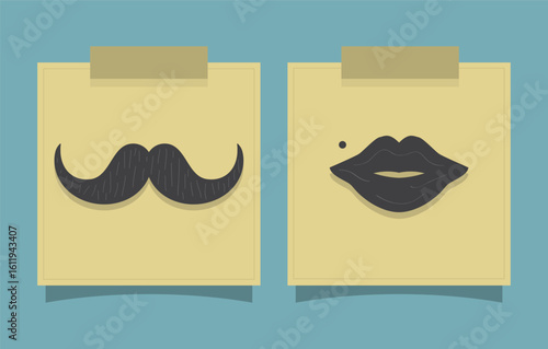 Cute retro black isolated mustache and lady lip with a mole on square sticky notes taped on a teal background poster 