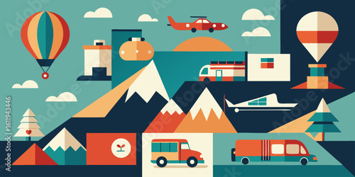 Vector art of various modes of transportation and landscape elements in a colorful flat design.