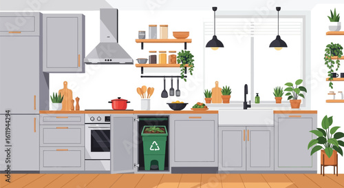 Modern kitchen interior with recycling bin offers eco friendly lifestyle