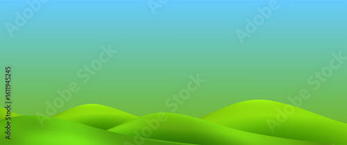3D  landscape with green hills, mountains, and a textured grass field creates a playful eco friendly park scene.