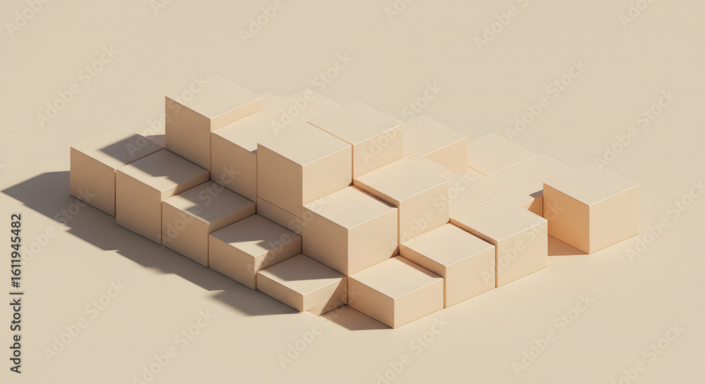 Fototapeta premium Geometric Arrangement of Light Beige Cubes with Dramatic Shadows.