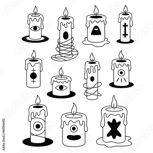 Black and white vector bundle of cursed candles featuring melting candles with eyes, smoke trails, hidden figures, and strange symbols