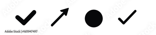 A minimalist set of black universal icons featuring checkmarks for approval, an upward arrow for direction, and a solid circle for selection, isolated on a white background.