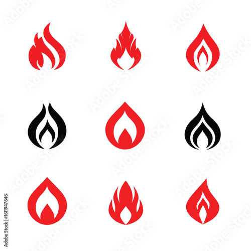 Red hot fire flame icon vector set, a burning blaze symbol of heat and danger