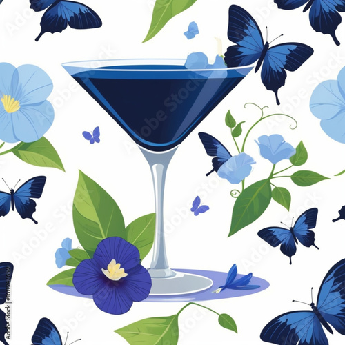 A deep blue martini garnished with butterfly pea flower petals, symbolizing the transformative beauty of spring,
