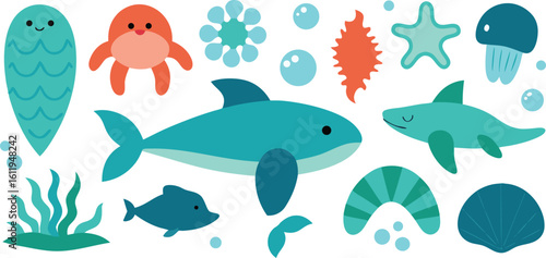 Vector art of an enchanting underwater scene filled with marine life and aquatic elements in a charming illustration isolated on transparent background.