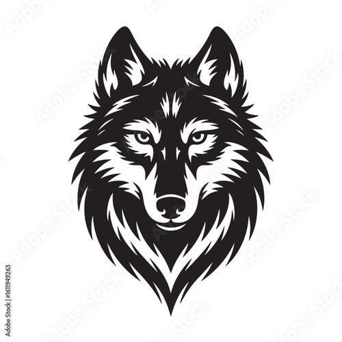 A black and white vector illustration depicts a tribal wolf   head and sunglass vector illustration,illustration of fierce wolf head facing forward with intense expression and sharp fur detailing 