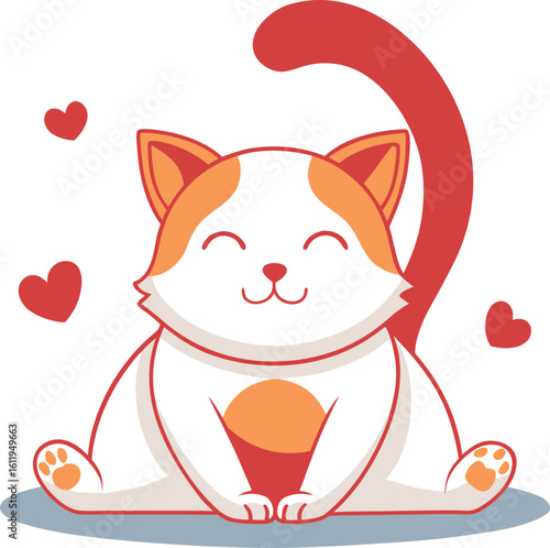 Adorable cartoon cat with orange and white fur sitting happily surrounded by red hearts on a black background
