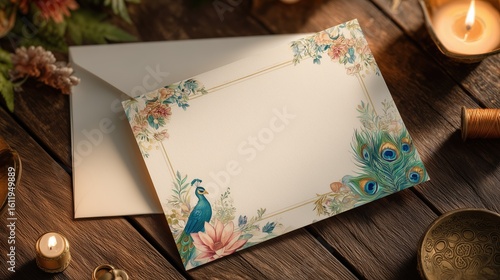 Krishna Janmashtami greeting card with floral design, peacock, and feather border