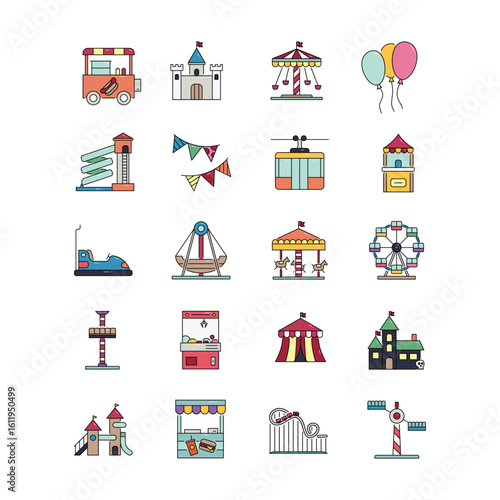 Theme Park Vector Icon Collection – Ferris Wheel, Roller Coaster, Rides