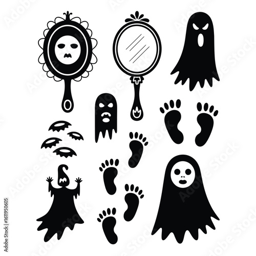 Black and white vector bundle of supernatural horror elements with cursed mirrors, ghost footprints, whispering faces, and floating cloaks