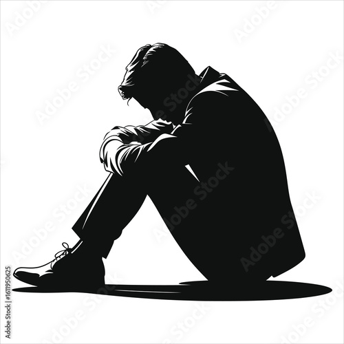 Solitude Silhouette: A Vector of a Man Sitting Alone, Depicting Sadness and Despair