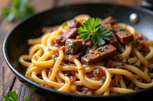 Appetizing Closeup of Hearty Vegetarian Tempeh Pasta Meal with Parsley and Sauce ai generated