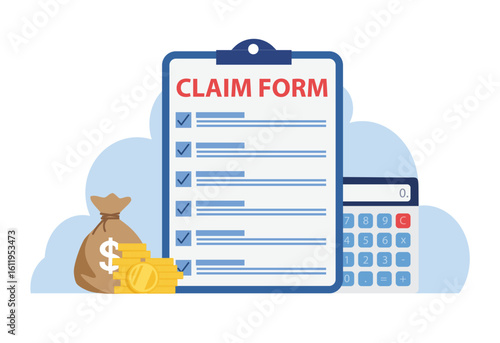Registration of claim form document, providing personal information, income information vector set. Tax filing, credits and expenses, financial report. Insurance claim form