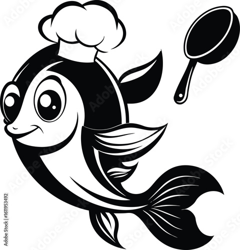 A cartoon veiltail goldfish wearing a chef hat and holding a frying pan vector