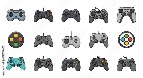 Vector Icons Set of Collection of Colorful Cartoon Video Game Controllers Retro and Modern Gamepad Icons with Joysticks and Buttons. EPS Editable