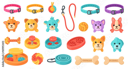 Vector Icons Set of Collection of colorful cartoon pet accessories featuring collars toys leashes food bowls and chew bones. EPS Editable