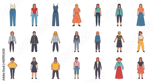 Vector Icons Set of Collection of diverse cartoon characters and fashion outfits a set of illustrated people in modern casual clothing. EPS Editable