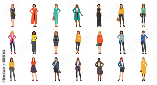 Vector Icons Set of Collection of diverse cartoon women in stylish business and casual outfits Fullbody female characters standing in various poses. EPS Editable