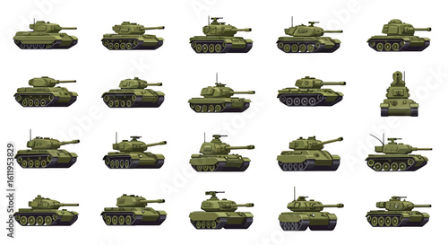 Vector Icons Set of Collection of Stylized Olive Drab Military Tanks and Armored Fighting Vehicles. EPS Editable