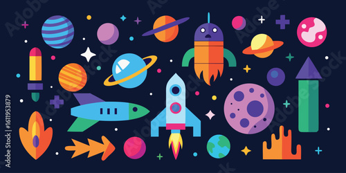 Vector art of a playful assortment of colorful space elements including rockets, planets, and whimsical aliens.