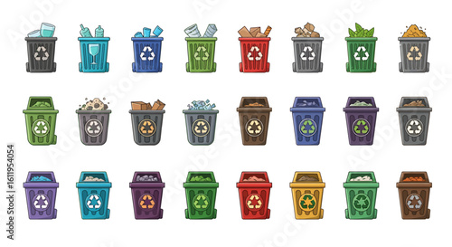 Vector Icons Set of Colorful cartoon collection of recycling bins for waste segregation filled with sorted paper plastic and glass. EPS Editable