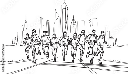 Dynamic Runners Race Against Cityscape A Sketchy Illustration of Athletes in Motion with Urban Backdrop and Energetic Lines