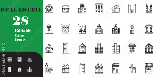Real Estate 28 Editable Line Icons Pack