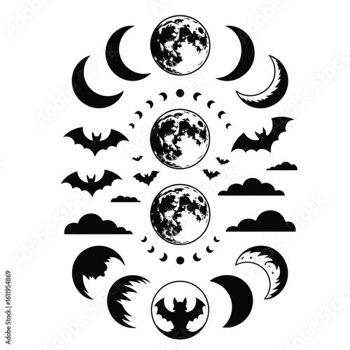 Black and white vector of full moon phases bundle with waxing and waning moons, clouds, bats, and howling silhouette for Halloween themes