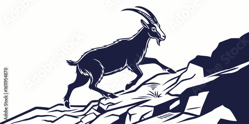 Dynamic illustration of a powerful goat in mid stride expertly navigating a rugged rocky mountainous landscape with a sense of freedom and agility