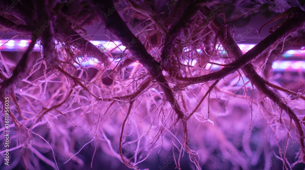 Hydroponic lettuce roots glowing under purple LED lights Hydroponic lettuce roots glowing under purple LED lights