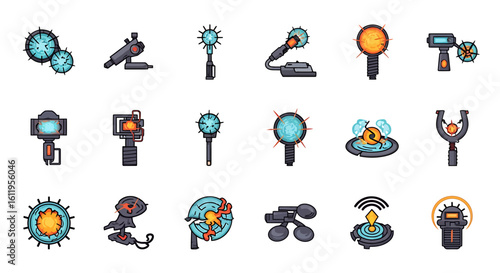 Vector Icons Set of Colorful cartoon icon set of futuristic technology scifi gadgets and fantasy items with glowing effects. EPS Editable