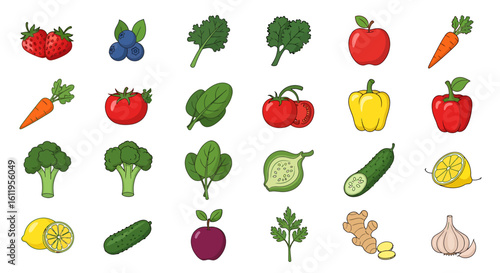 Vector Icons Set of Colorful cartoon icon set of fresh fruits and vegetables for healthy diet and nutrition. EPS Editable
